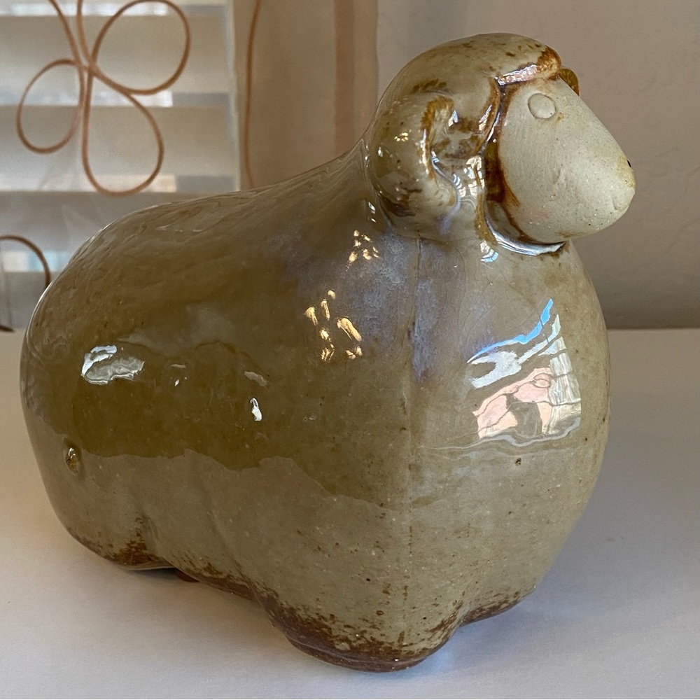 Vintage Ceramic Sheep Sculpture - neutral tones, whimsical glazed pottery lamb